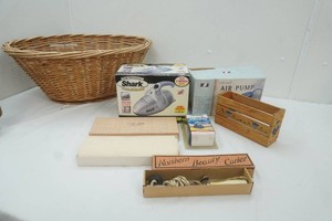 original Shark Hand Vac, Northern Beauty Curler, vintage scarf, hand woven wicker  laundry basket