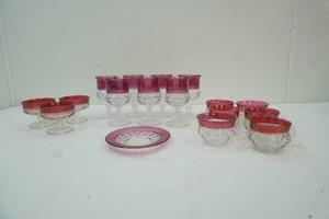 Indiana Glass Kings Crown Ruby Flashed Thumbprint glassware, coffee cups, plate, wine goblets, sherbet cups