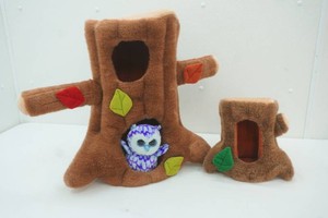 Alfas Fuzzy cat playhouses 10 and 19 tall with stuffed owl