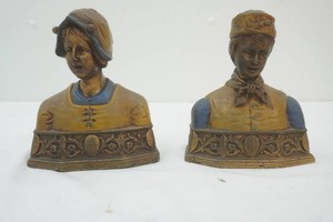 pair of antique Dutch Couple figural bookends by Pompeiian Bronze Co, Model #140, electro formed bronze cladding over cement core 1920s era, weigh 4.2# each