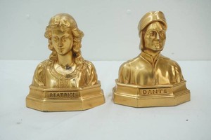 vintage pair of early 20th century bookends gilded clad figural statue sculptures bust Dante and Beatrice by Armour Bronze Co.
