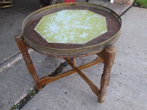 Antique end table withetal rimmed top