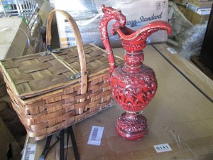 Very ornate vase 20 tall and a picnic basket