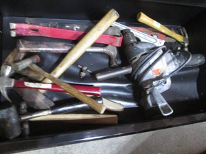 Pipe wrenches, assorted hammers, pry bars and heavy duty drill