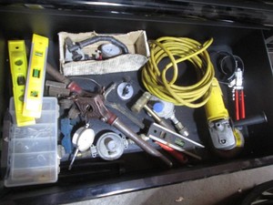 Dewalt angle grinder, pipe threader, assorted attachments and other misc supplies