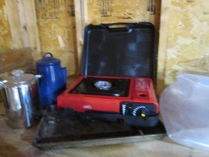 Tex-Sport propane camping stove, metal and enamelware kettles and more