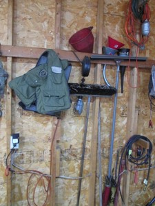 Life Jackets, squeegee, grease guns, funnels, treble lights and other misc shown