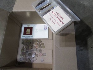 Collection of wheat leaf pennies, gold stamp, fishing daredevils and more