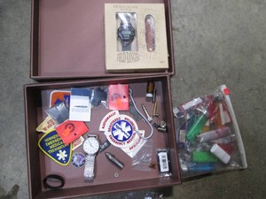 Mens watch and knife set, Pokmon medallion, lighters and misc collectibles with keepsake box
