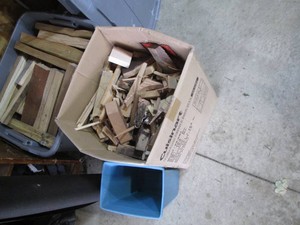 Covered Tote and box of misc scrap wood and kindling