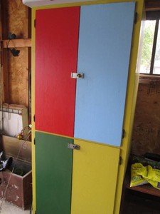 Multi-color wood 4-door storage cabinet approx 6.5ft tall