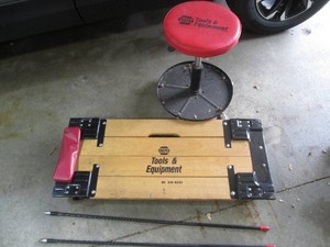 Napa mechanics creeper, rolling shop stool with tool trays and fire stick antennas