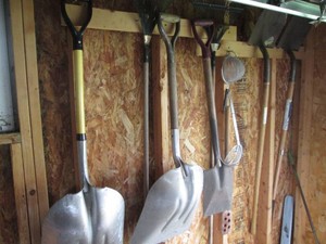 Variety of shovels, rakes and sifting tools