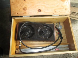 Hand made Wood box containing a Coleman propane camping stove