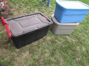 (2) Large Sterilite storage totes and (1) Rolling storage tote all with lids