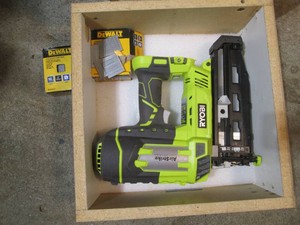 Ryobi air strike 18v finishing nailer in wood case with misc finishing nails
