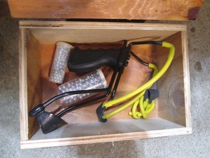 Slingshot in wood case with misc ammo