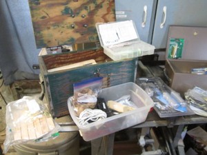 Vintage hinged boxes containing a wide variety of misc hardware, woodworking craft supplies and other misc shown