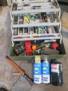 Plano tacklebox containing a variety of batteries, cutting tools and more plus misc butane and propane cylinders