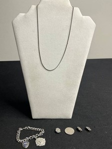 925 Silver Jewelry Mixed Lot - Necklace, Charm on Bracelet & Pins