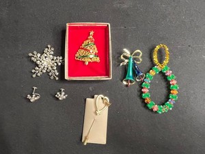 Holiday Costume Jewelry Mixed Lot - Brooches, Necklace, Earrings & Pins