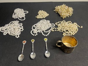 Vintage Mixed Lot Beaded Strands, Souvenir Spoons & FB Rogers Silver Co Cup
