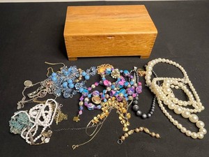 ALL BROKEN Mixed Costume Jewelry & Wooden Jewelry Box