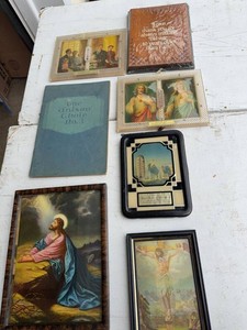 Lot of Vintage Religious Prints Advertising Thermometers Songbook Plaque