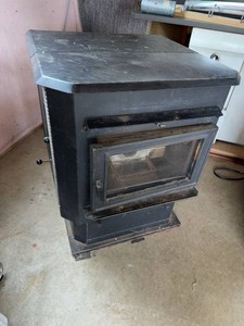 Unmarked Freestanding Pellet Stove Black Steel Glass Front Heater