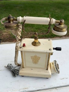 Vintage French Style Rotary Dial Crank Telephone Ivory Brass Tone