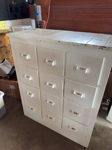 Vintage White Painted 12 Drawer Apothecary Storage Cabinet