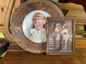 Vintage Framed Victorian Print Wall Art Child Portrait & Ladies Scene