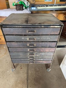 Vintage Industrial Wood & Metal Flat File Cabinet on Casters 8 Drawer