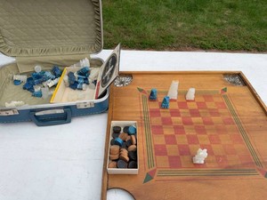 Vintage Stone Chess Set Lot Wood Board Checkers Books Blue White