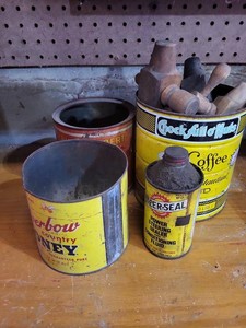 Lot of Vintage Advertising Tins & Assorted Blacksmith Tools