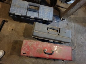 Assorted Tool Box Lot with Hand Tools Saws Hammers & Hardware