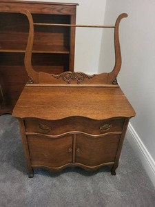 Vintage French Provincial Oak Washstand Cabinet with Towel Bar