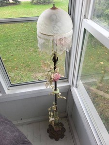 Vintage Victorian Style Floor Lamp Marbled Glass Beaded Fringe Shade