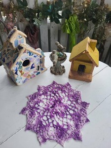 Lot of Rustic Birdhouse Decor Mosaic Wood Birds Crochet Doily