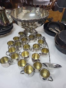F.B. Rogers Silverplate Punch Bowl Set Gilt Cups Ornate Ladle