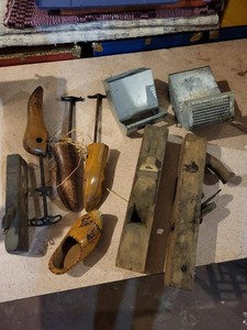 Lot of Assorted Primitive Cobbler Tools Wood Planes & Galvanized Pieces