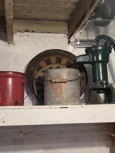 Lot of Vintage Farmhouse Decor Hand Pump Pails Dartboard Wheel