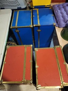Set of 5 Decorative Steamer Style Storage Trunks Blue Red Brass