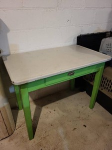 Vintage Enamel Top Kitchen Utility Table w Drawer Green Base 41x25x30