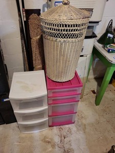 Lot of Assorted Storage Organizers Wicker Hamper & Drawer Units