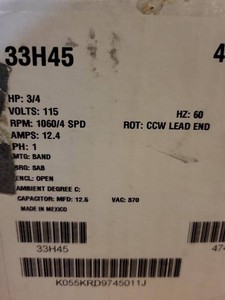 33H45 HVAC Blower Motor 34 HP 115V 1060 RPM 4 Speed 47466-001