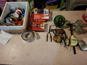 Box Lot of Assorted Household Tools Flashlights Glassware Decor