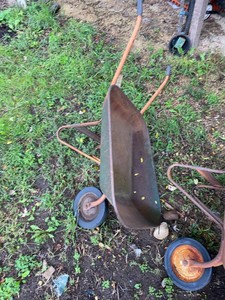 Pair of Vintage Steel Wheelbarrows Garden Yard Carts Rustic Patina