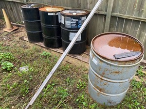 Set of 4 Approx. 55 Gallon Steel Drum Barrels Industrial Lot