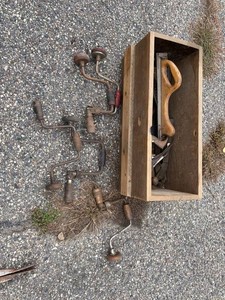 Group of Vintage Hand Tools Drills Planes Saw in Wood Box